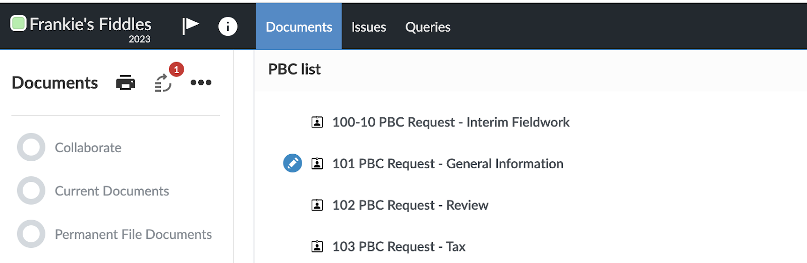Client completed the 101 PBC Request - General Information document.
