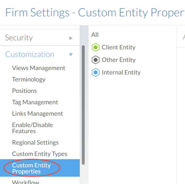 The Custom Entity Properties section of the Settings page.