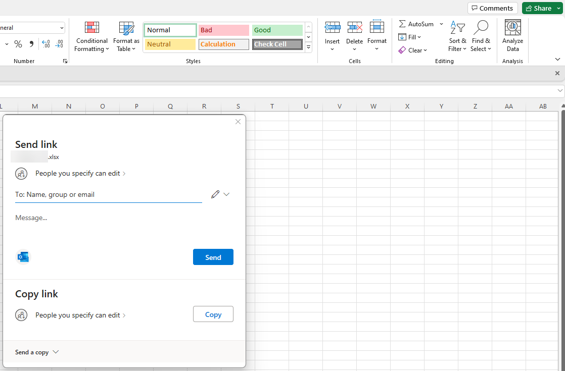 Share feature within Microsoft Office applications.