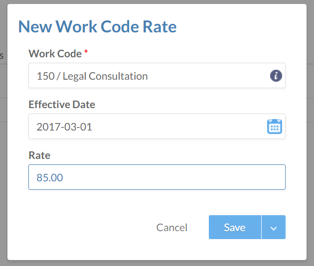 The New Work Code rate dialog