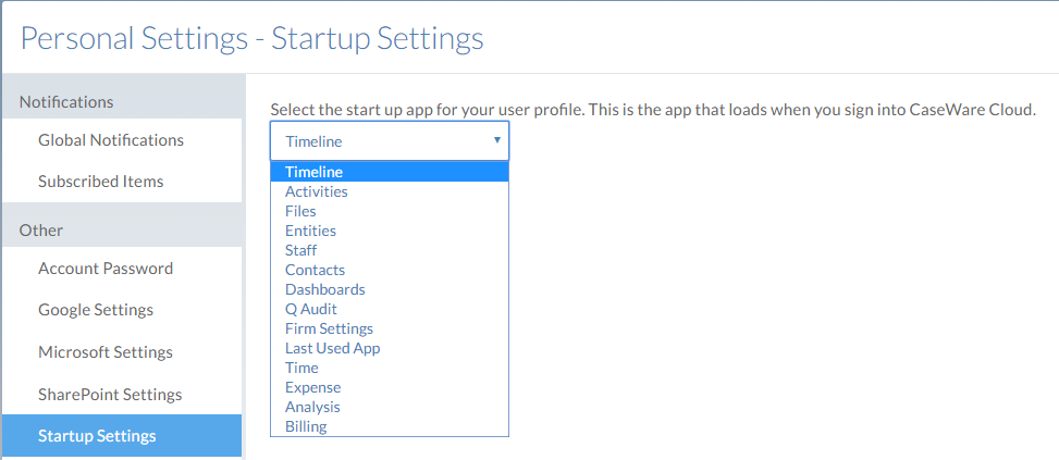 The Startup settings page.