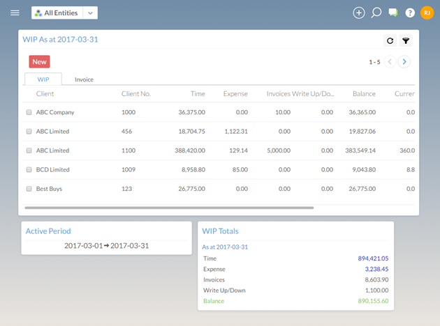 The landing page for the Billing app. You can see a list of your clients with WIP subtotal information.