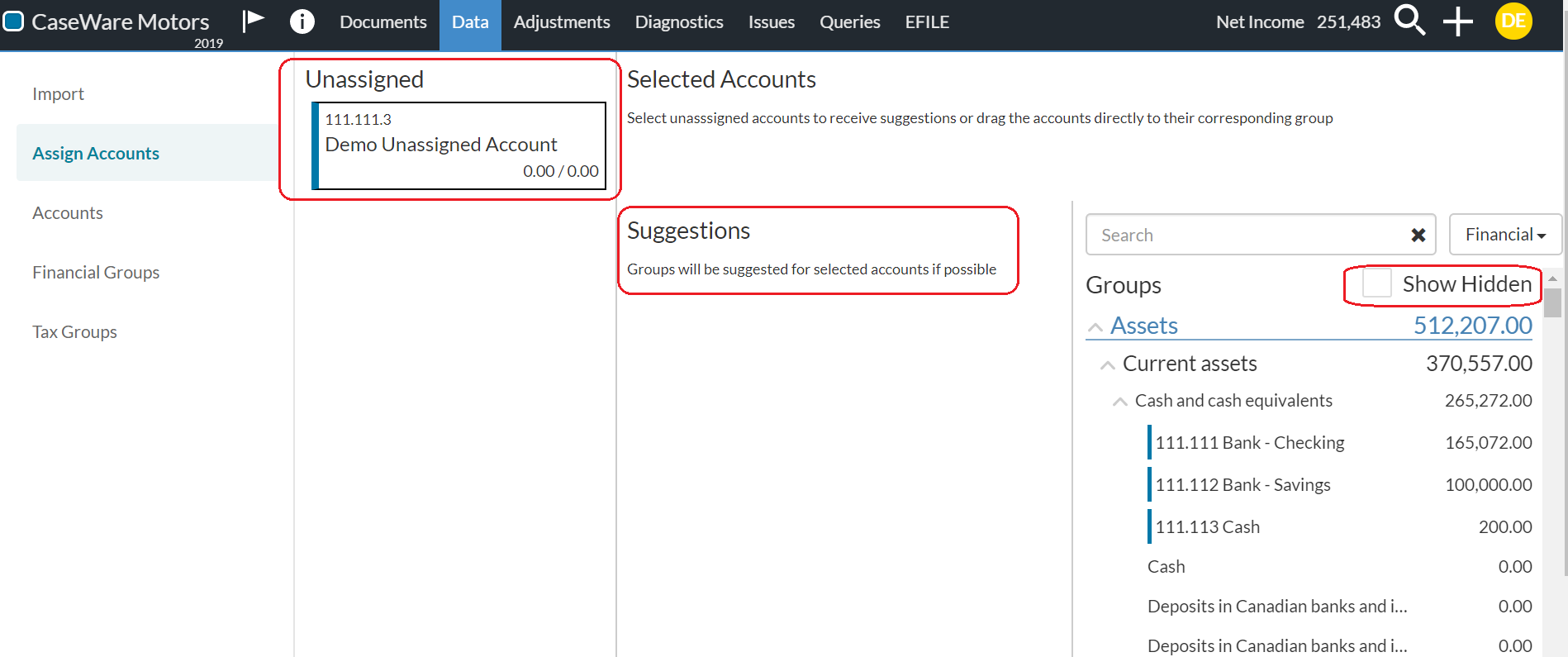 Assign Accounts tab, unassigned account and how groups display.