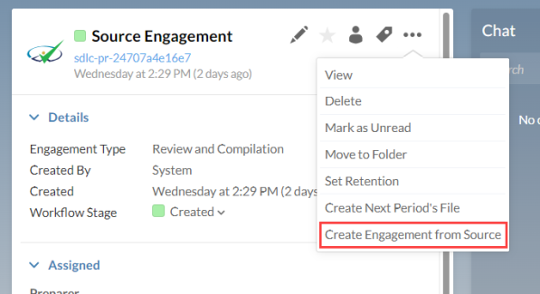 The Create Engagement from Source option in the More actions menu.