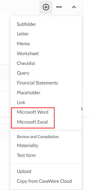 The Microsoft Word and Microsoft Excel options in the Add drop-down on the Documents page.