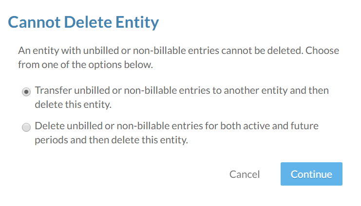 The Cannot Delete Entity dialog.