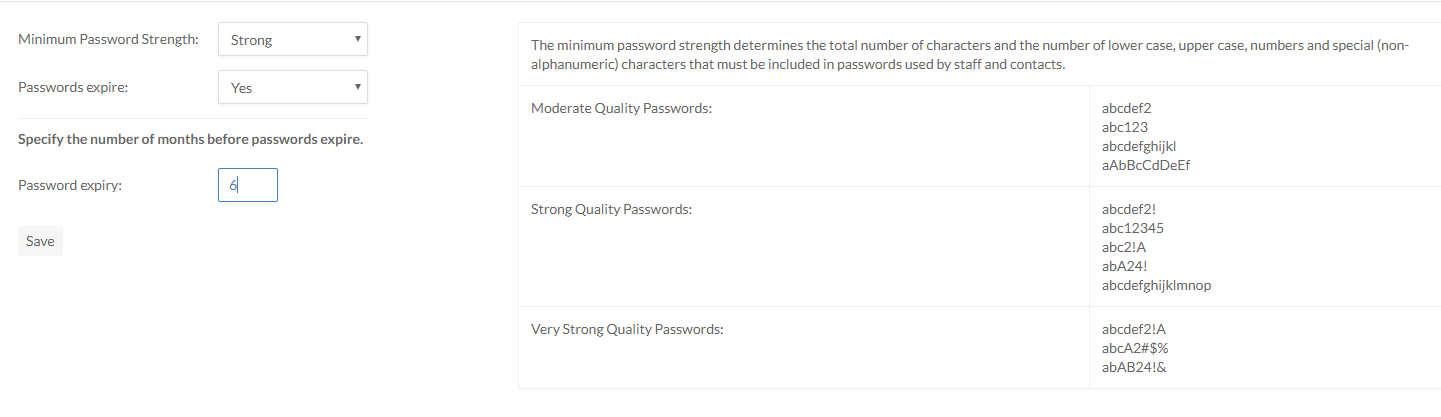 Password options displayed on the Settings page.