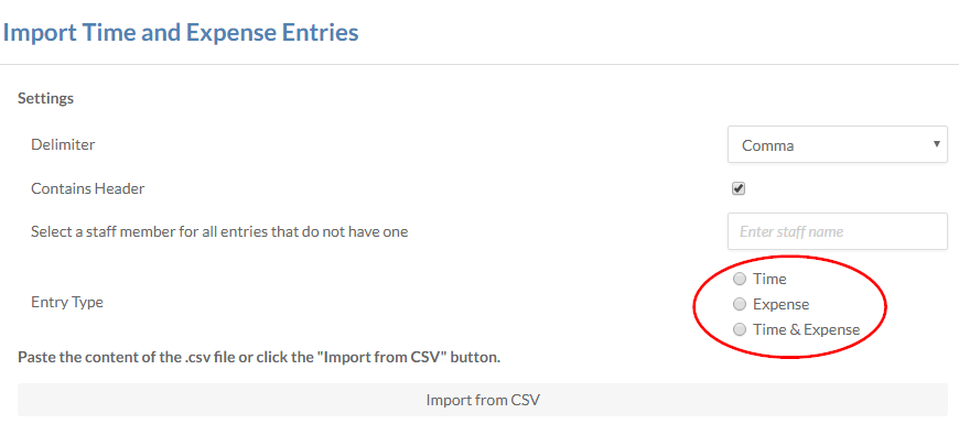 Time, Expense, and Time & Expense entry types on the Import Time and Expense Entries page