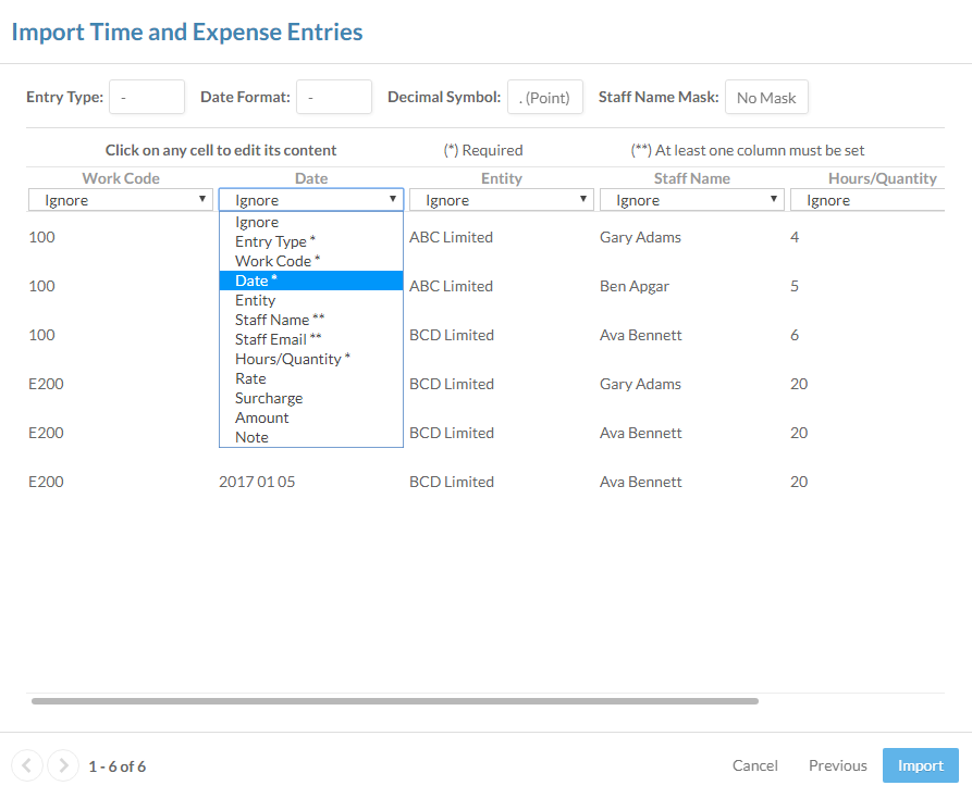 Selecting a column type in the Import Time and Expense Entries dialog.