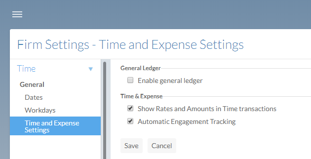 The Time and Expense Settings page with the Enable general ledger option disabled.