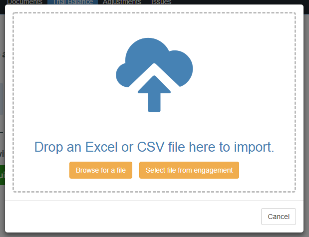The upload dialog for Excel and CSV files.