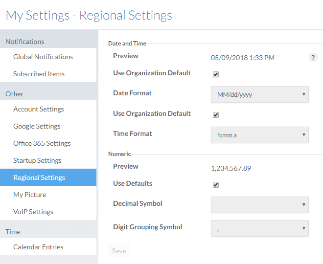 Regional settings for Date and Time