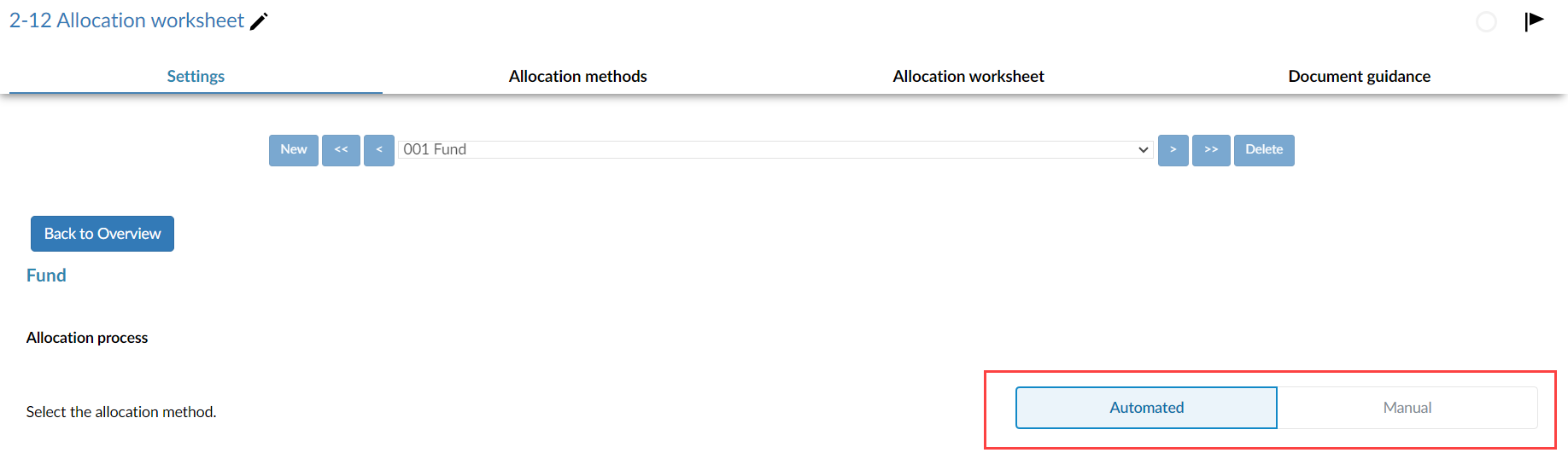 The Settings tab in the Allocation worksheet.