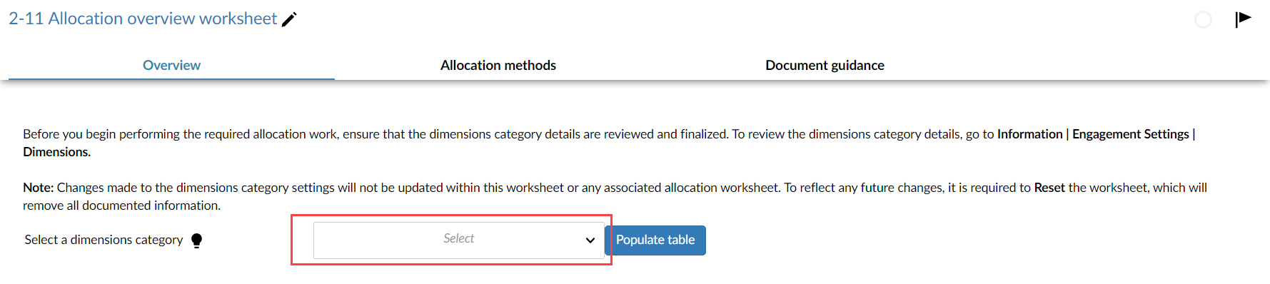 The dimensions category drop-down in the allocation overview worksheet.
