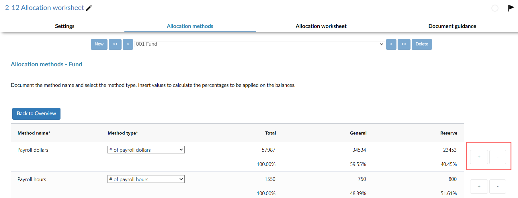 The plus and minus buttons in the Allocation methods tab.