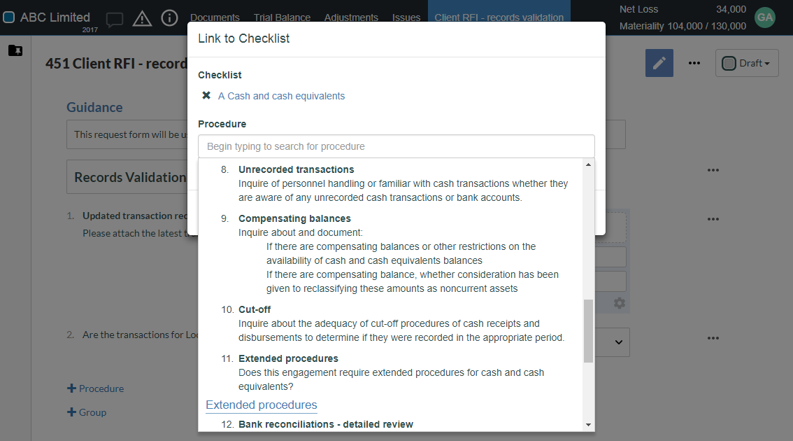 Selecting a checklist procedeure to link to this query procedure.