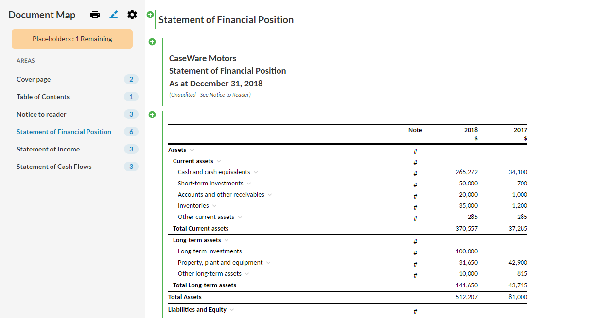 Number of changes in each financial statement area displays next to the area title.