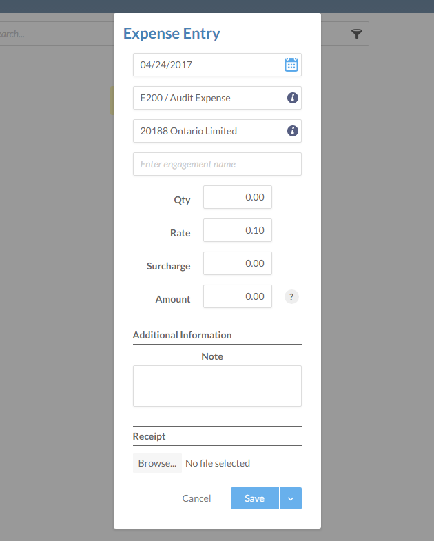 Enter expense entry details with the Expense Entry dialog. 