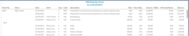 WIP report in detailed format sorted by client