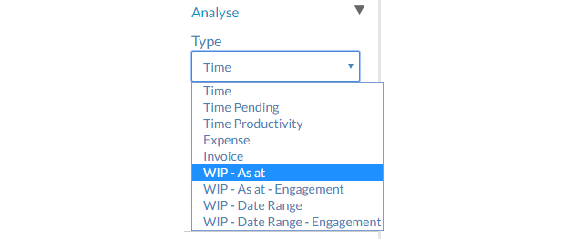 Selecting a WIP report type from the Type drop down menu in the Analysis app.