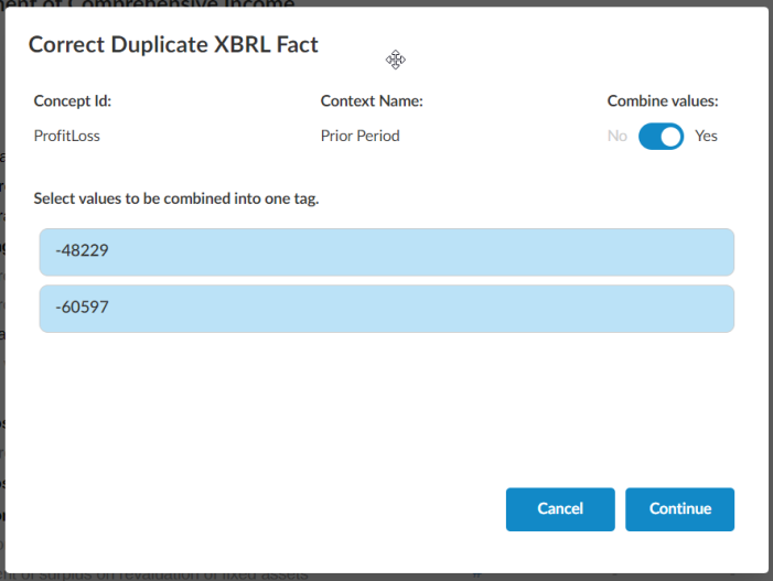 The Correct Duplicate XBRL Fact dialog.