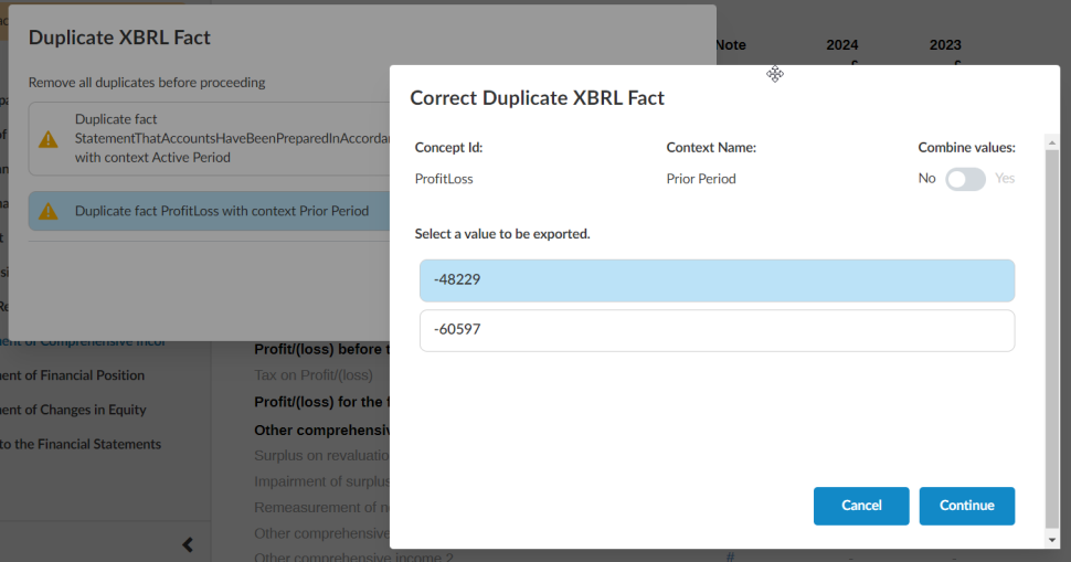 The Duplicate XBRL Fact and Correct Duplicate XBRL Fact dialogs.
