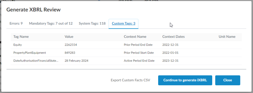 The Custom Tags tab of the Generate XBRL Review dialog.