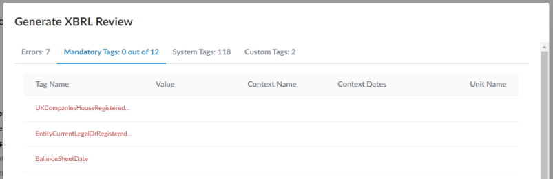The Mandatory Tags tab of the Generate XBRL Review dialog.