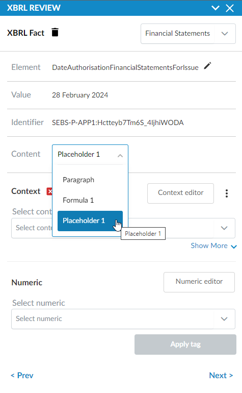 The Content dropdown in the XBRL review panel.