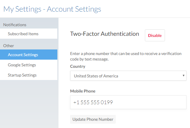 Opties voor twee-factor-authenticatie op de pagina Instellingen.