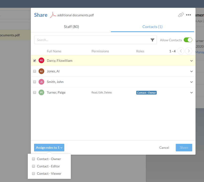 Sharing specific files with a contact.