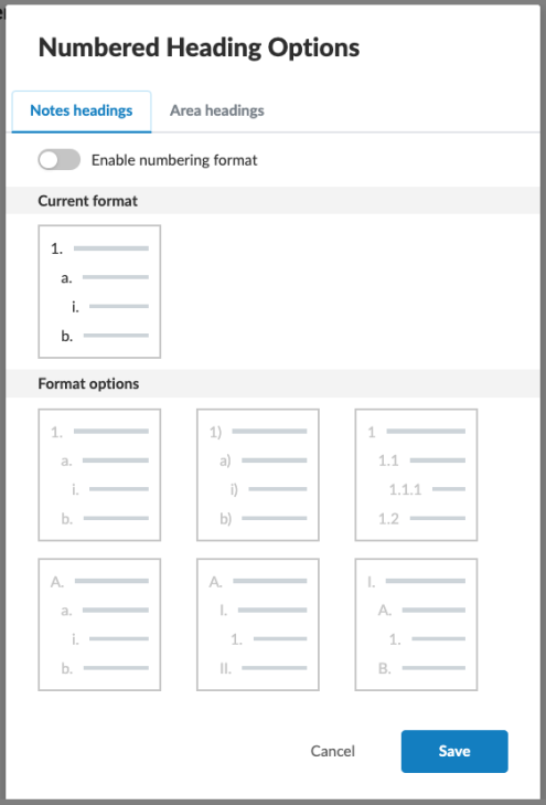 Numbered heading options.