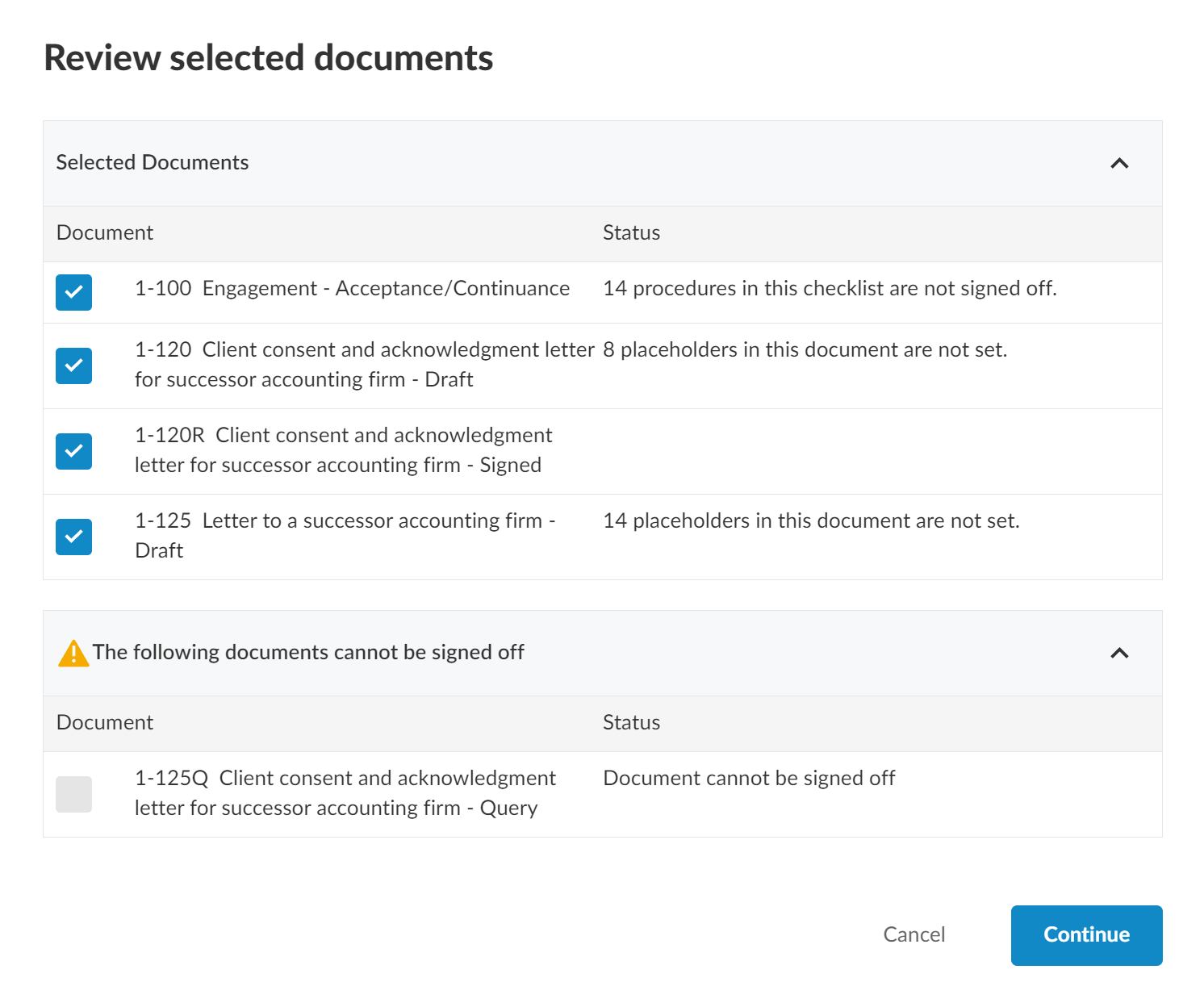 Alert appears when documents cannot be signed off on due to lack of permissions.