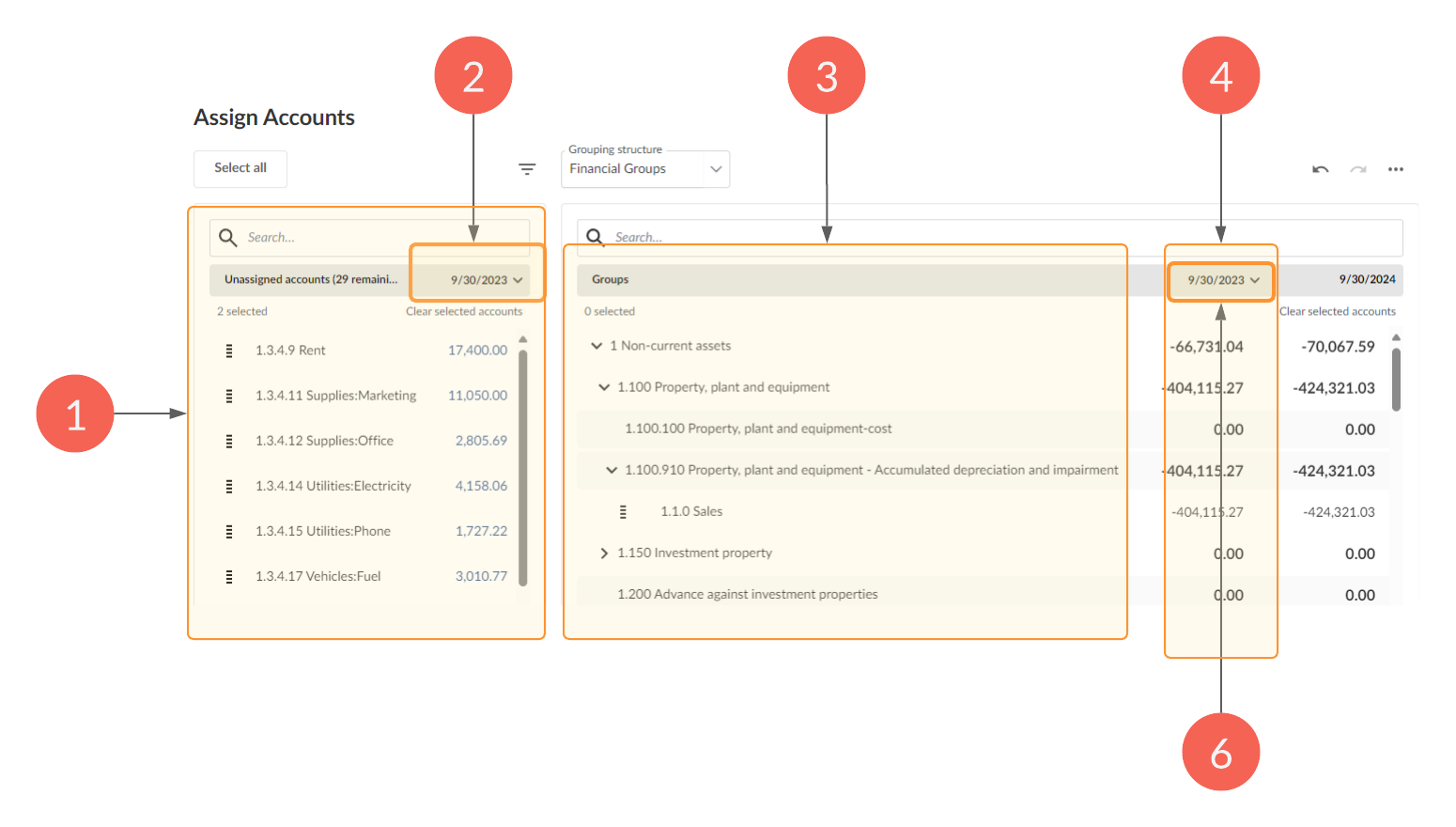 Viewing how balances are synced from left to right, depending on the end date of the balance selected in the Unassigned account list.