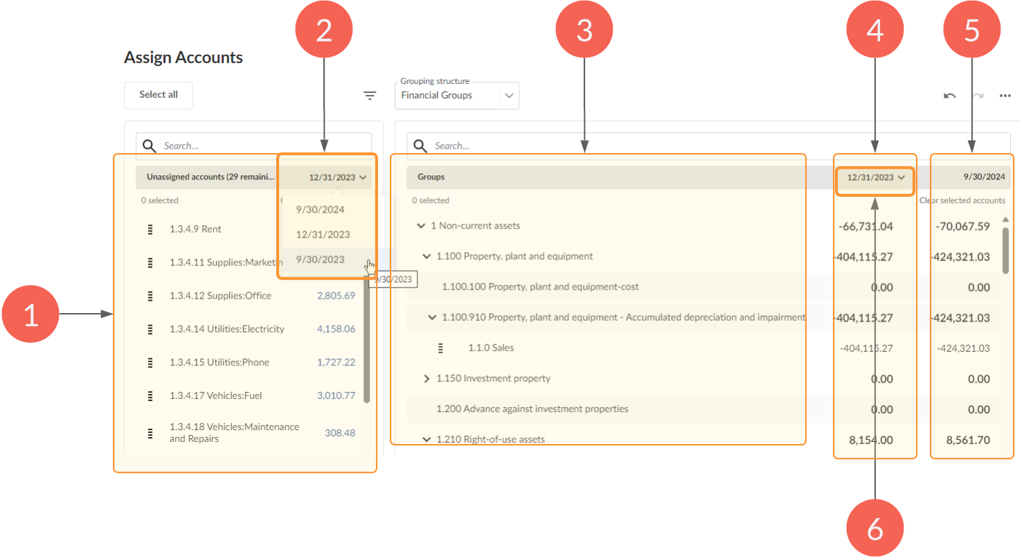 Anatomy of the Assign Accounts tab where a trial balance has more than one end date.