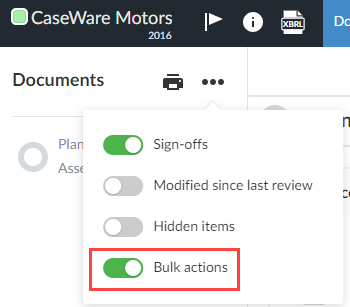 Enabling Bulk actions option on a documents in an engagement.