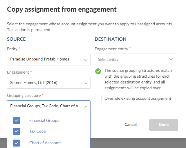 Selecting multiple financial groups from where to copy account assignments.