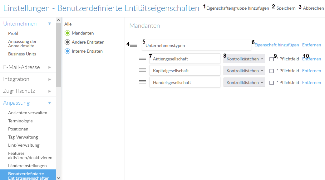 Die Oberfläche Benutzerdefinierte Entitätseigenschaften.