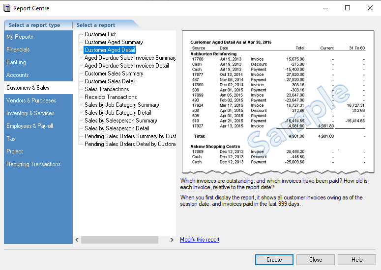 Selecting the Customer Aged Detail report