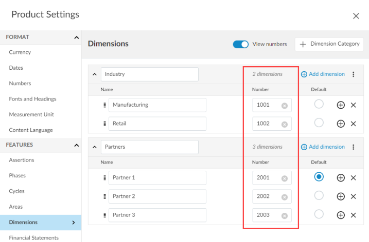 Specifying dimension identifiers on the Product settings dialog.