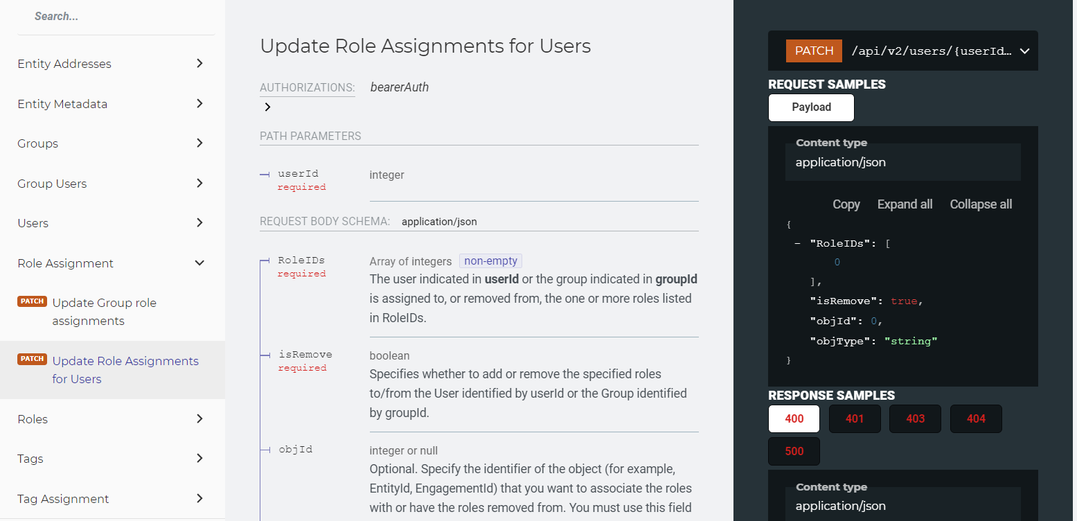 View the request sample for the PATCH operation to update role assignments