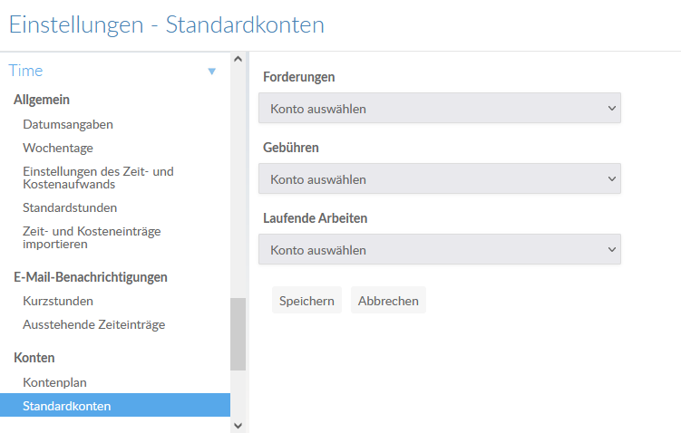 Die Seite Einstellungen - Standardkonten