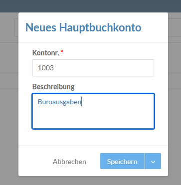 Der Dialog Neues Hauptbuchkonto auf der Seite Einstellungen - Kontenplan