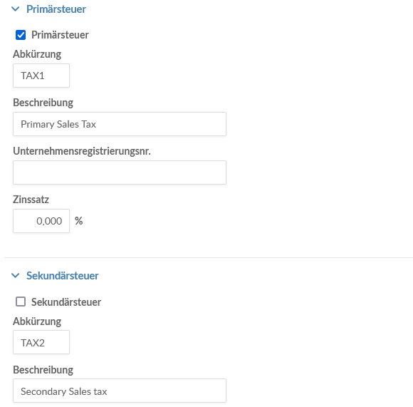 Füllen Sie die Felder in den Bereichen Primärsteuer und Sekundärsteuer aus.