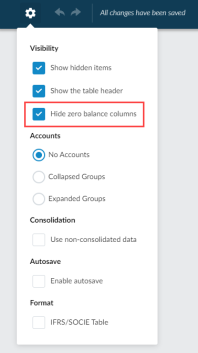 Hide zero balance columns option in the Visibility settings.