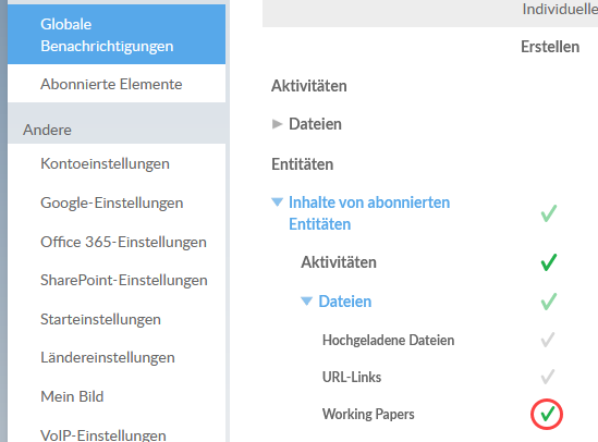 Bereich Inhalte von abonnierten Entitäten mit der Option Working Papers aktiviert 