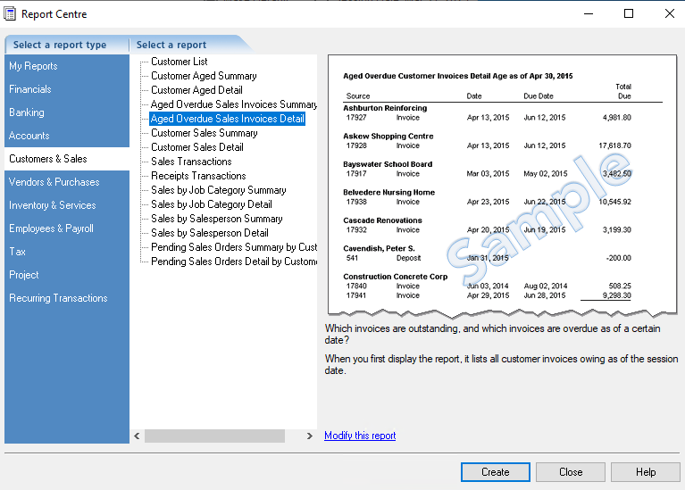 Selecting the Aged Overdue Sales Invoices Detail report. 