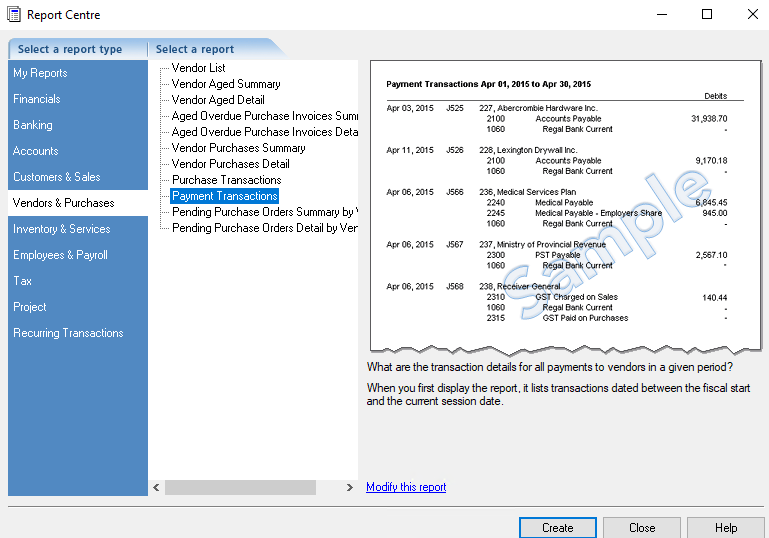 Selecting the Payment Transactions report.