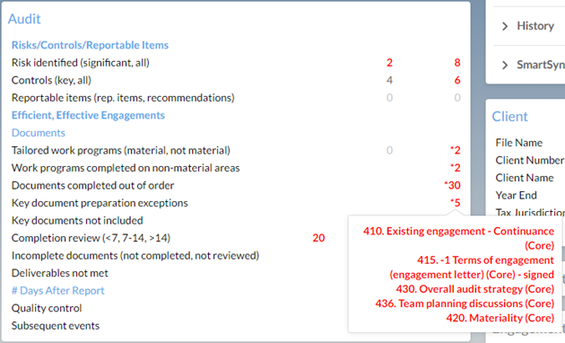 This Q engagement has 5 exceptions related to key document preparation. You can select the number to display the key documents that have exceptions.