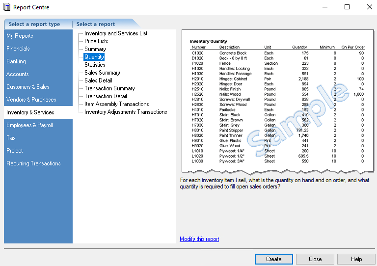 Selecting the Quantity report.